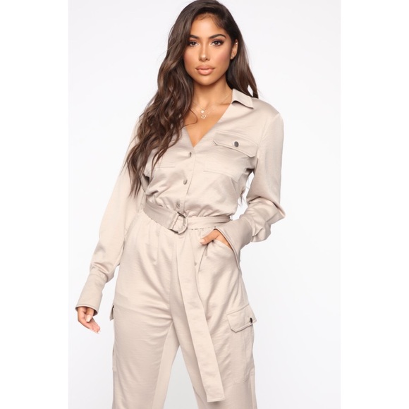 Cameron Satin Utility Jumpsuit - Taupe - Picture 2 of 4